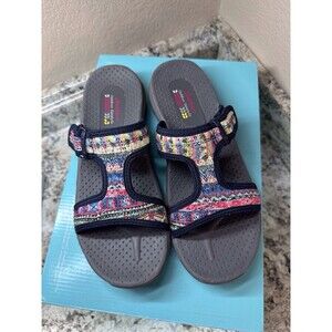 Skecher's Women Reggae Sequin T Strap Navy/Multi Sandals Size 8 US EUC